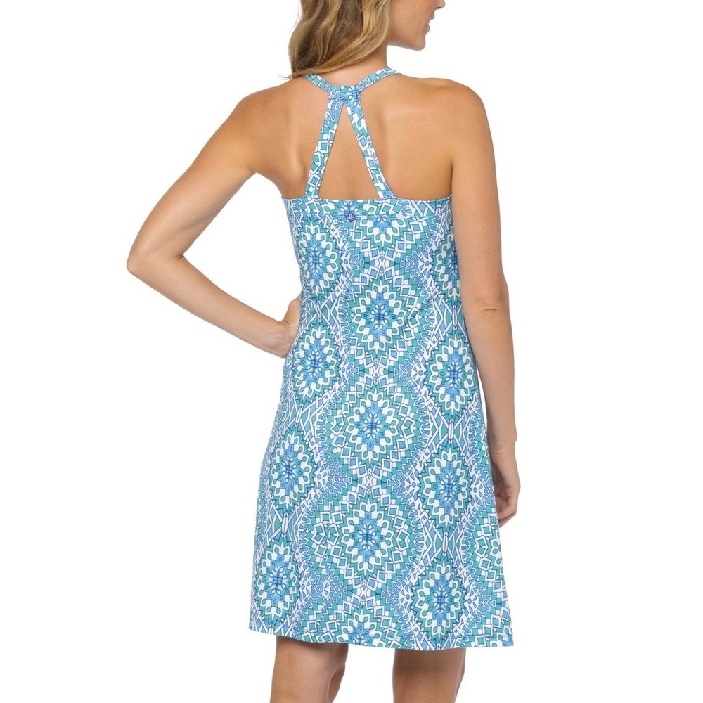 Prana Quinn Dress Blue Green Geometric Mandala Print Built-in Bra Racerback S